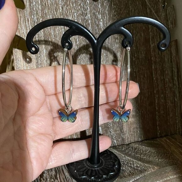 Stainless Steel Wooden Butterfly Hoop Earrings - Picture 2 of 3